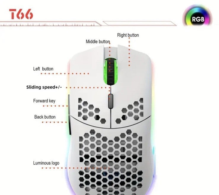 HXSJ T66 2.4G Wireless Honeycomb Gaming Mouse With RGB Lighting